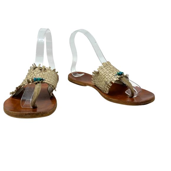 Henry Cuir Slide Sandals Leather‎ Woven Rattan Beaded Tan Brown Size 38 US 8 - Picture 4 of 13